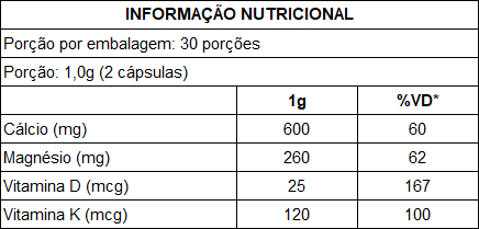 Tabela Nutricional Cálcio MDK com 60 Cápsulas