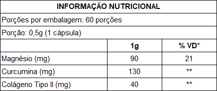 Tabela Nutricional Flex (Colágeno Tipo II + Cúrcuma + Magnésio Dimalato) com 60 Cápsulas